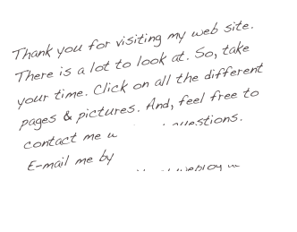 Thank you for visiting my web site. There is a lot to look at. So, take your time. Click on all the different 
pages & pictures. And, feel free to contact me with any questions.
E-mail me by clicking here. >>>
Also, please visit my weblog at:
http://smokerdecoys.blogspot.com